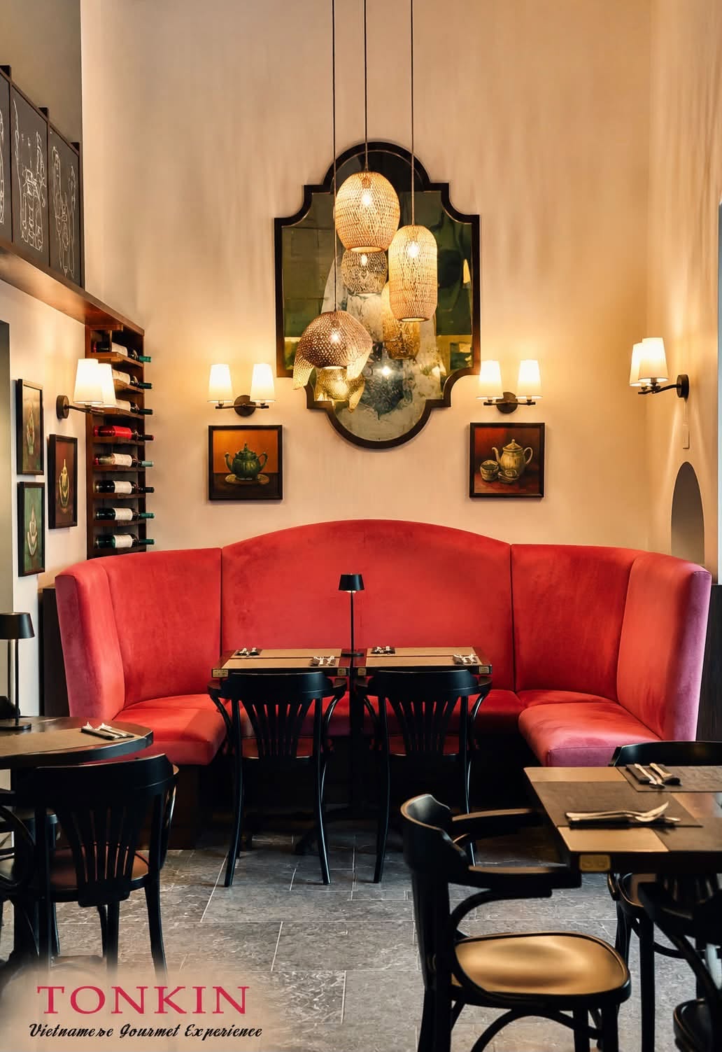 Warm, elegant interior of Tonkin Gourmet restaurant